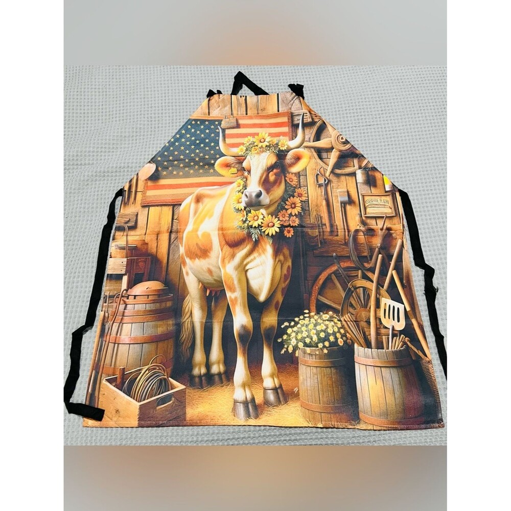 Farmhouse Cow Apron Patriotic American Flag Floral Kitchen BBQ New
